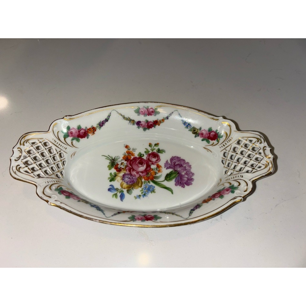 Schumann Bavaria Dresden Floral Oval Handled Dish 9 1/2"